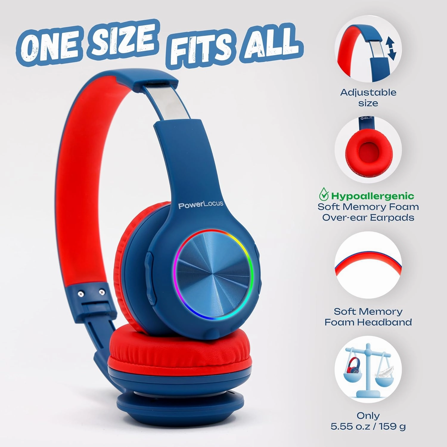 PowerLocus PLED Kids Bluetooth Headphones, Kids Wireless Headphones with LED Lights, 74/85/94dB Safe Volume, Micro SD, AUX Cable, Hi-Fi Stereo, Built-in Mic Over Ear Kid Headphone for Travel/Tablet/PC