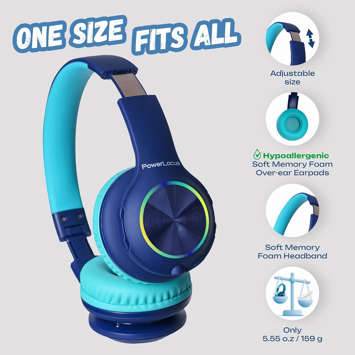PowerLocus PLED Kids Bluetooth Headphones, Kids Wireless Headphones with LED Lights, 74/85/94dB Safe Volume, Micro SD, AUX Cable, Hi-Fi Stereo, Built-in Mic Over Ear Kid Headphone for Travel/Tablet/PC