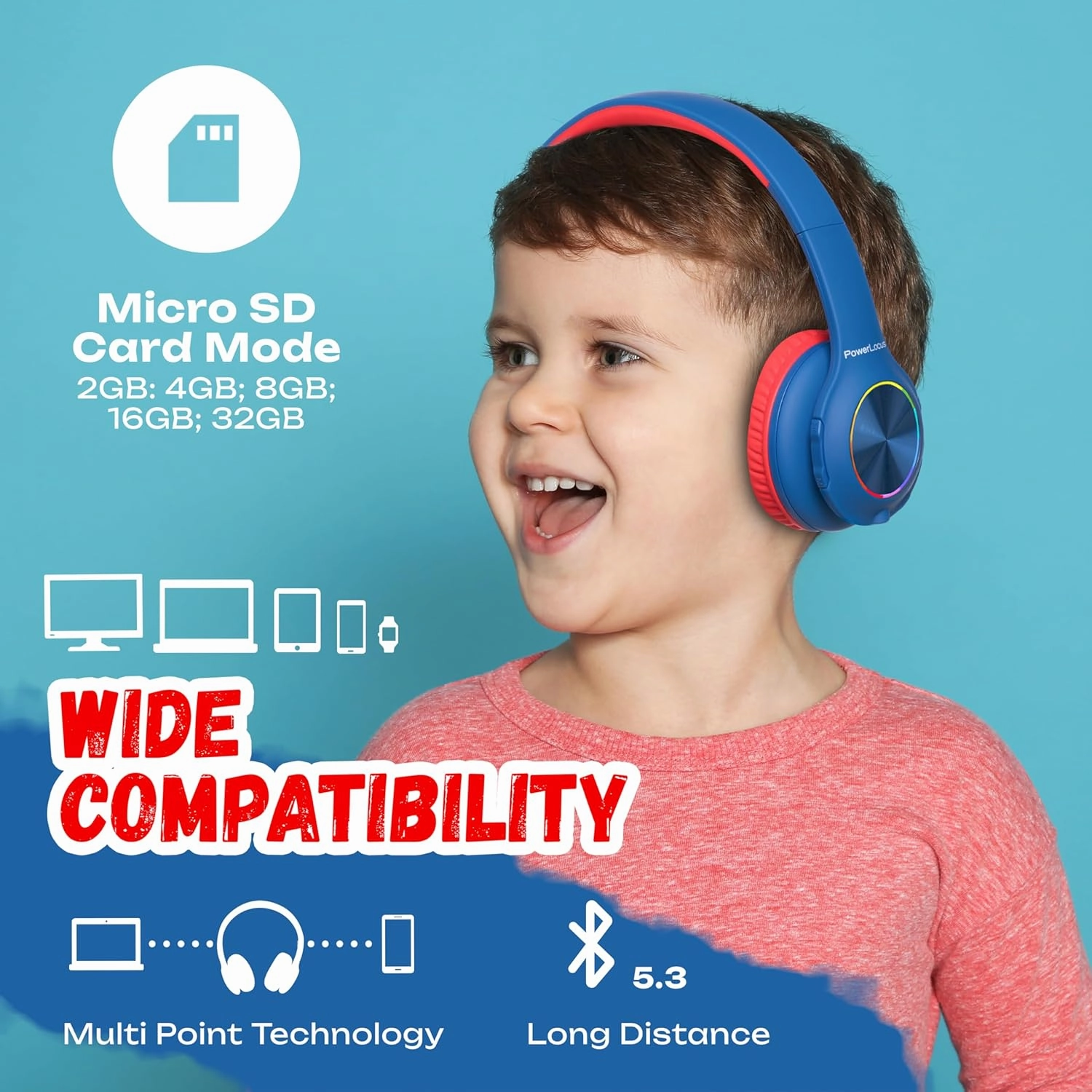 PowerLocus PLED Kids Bluetooth Headphones, Kids Wireless Headphones with LED Lights, 74/85/94dB Safe Volume, Micro SD, AUX Cable, Hi-Fi Stereo, Built-in Mic Over Ear Kid Headphone for Travel/Tablet/PC