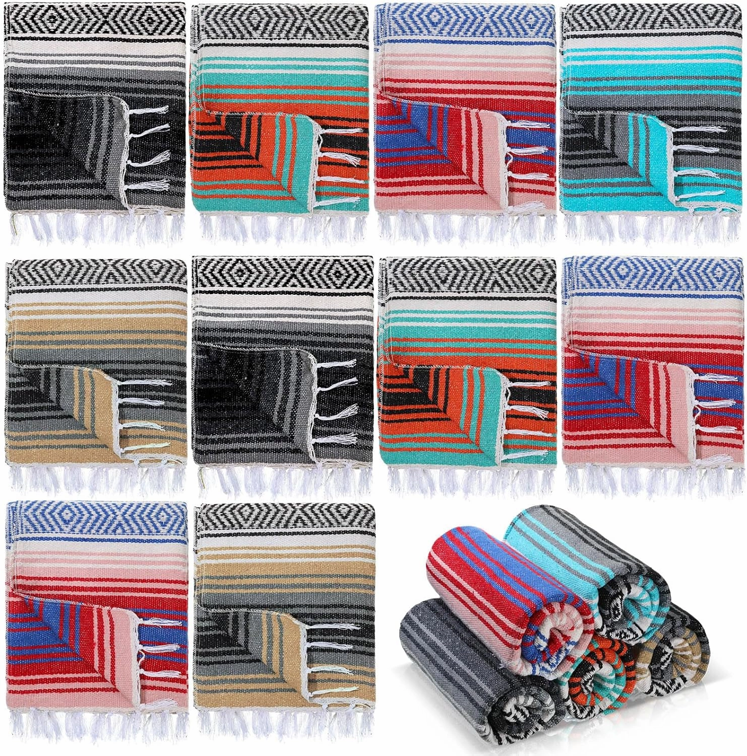 Preboun 10 Pieces Mexican Blanket Bulk Authentic Woven Yoga Blanket Large Picnic Camping Rug Colorful Striped Serape for Beach Outdoor Grass Car Home(Multi Color)