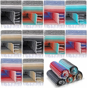Preboun 10 Pieces Mexican Blanket Bulk Authentic Woven Yoga Blanket Large Picnic Camping Rug Colorful Striped Serape for Beach Outdoor Grass Car Home(Multi Color)