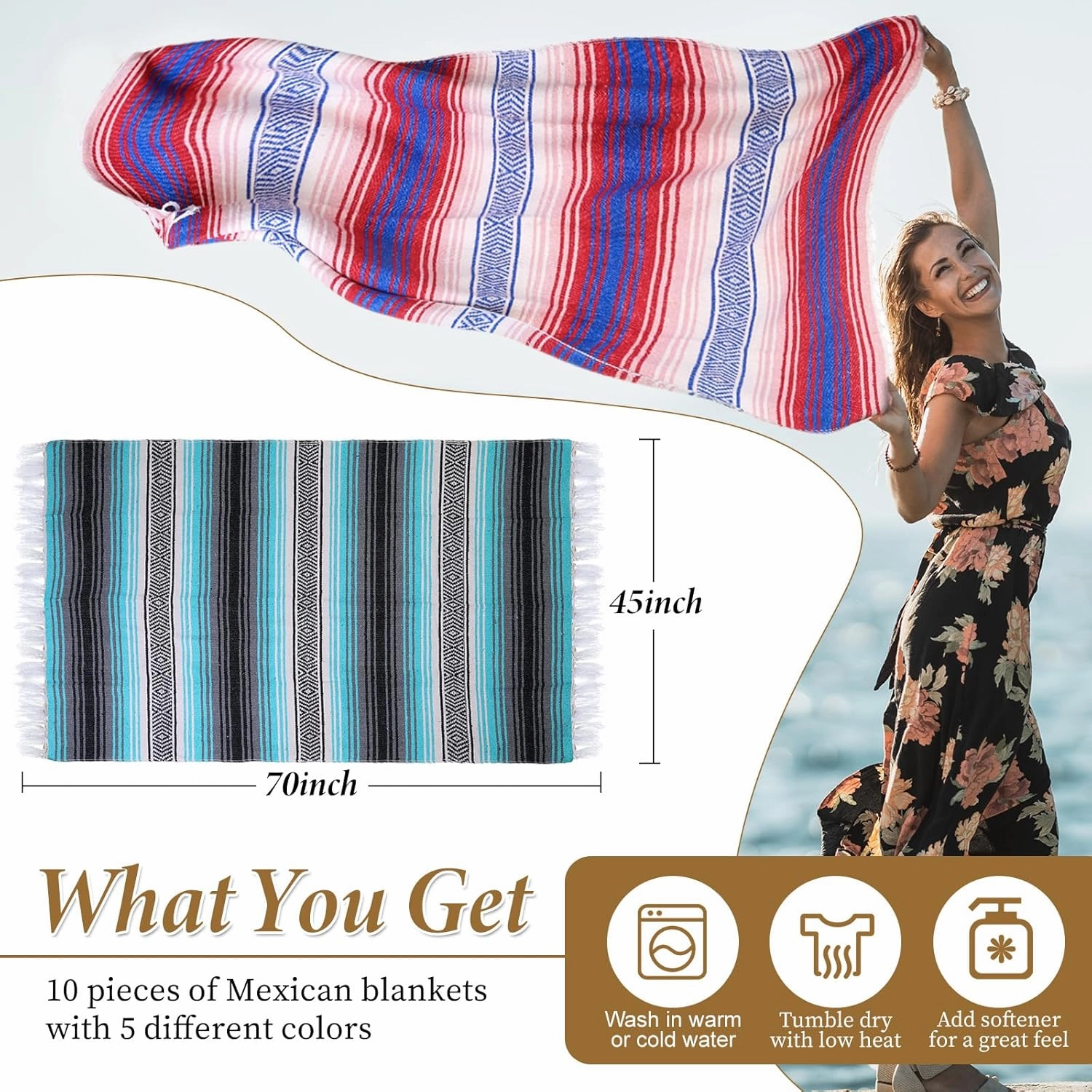 Preboun 10 Pieces Mexican Blanket Bulk Authentic Woven Yoga Blanket Large Picnic Camping Rug Colorful Striped Serape for Beach Outdoor Grass Car Home(Multi Color)