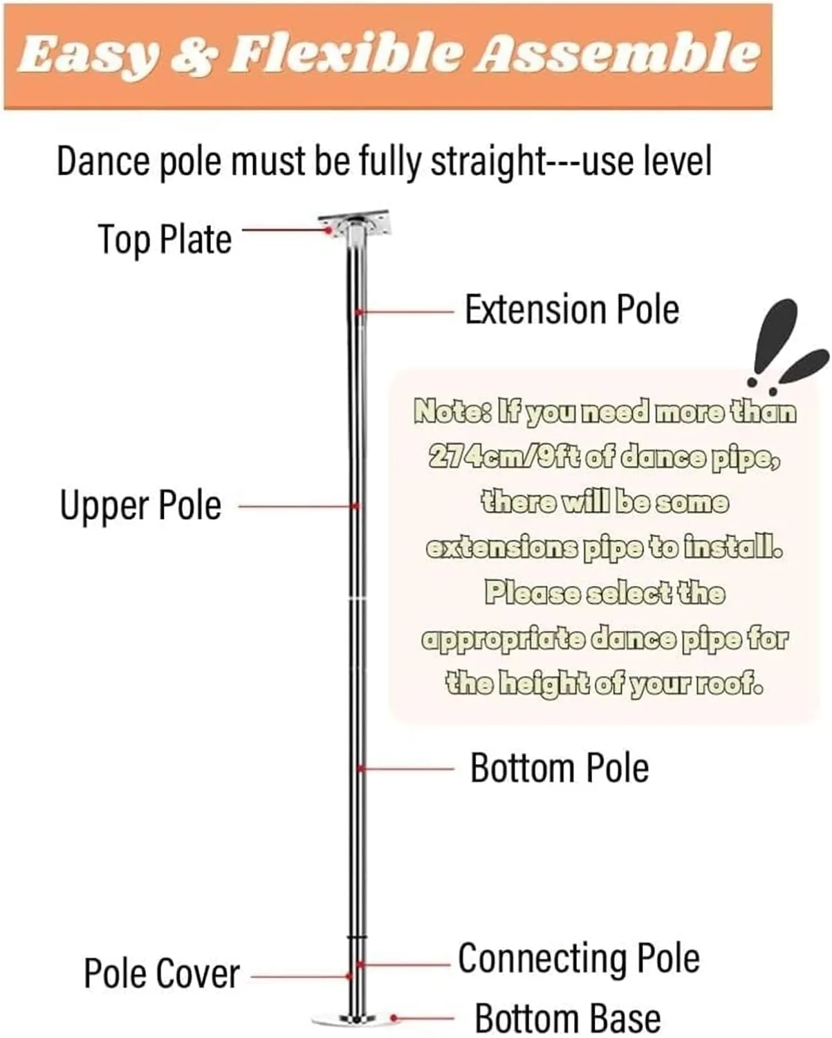 Premium Dance Pole Removable Spinning Static Dancing HeavyDuty Steel Pole Adjustable Height，Dance Pole, Spinning & Static for Home Exercise, 45mm Stainless Steel with Fixed Plate & Extension