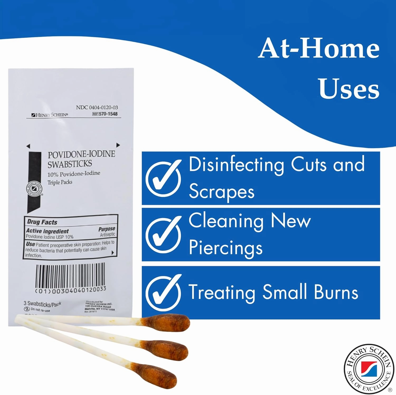 Prep Povidone-Iodine Swabsticks 3's, Individually Packed, Sterile, Antiseptic for Skin Preparation, 10% Povidone-Iodine- 25/BX