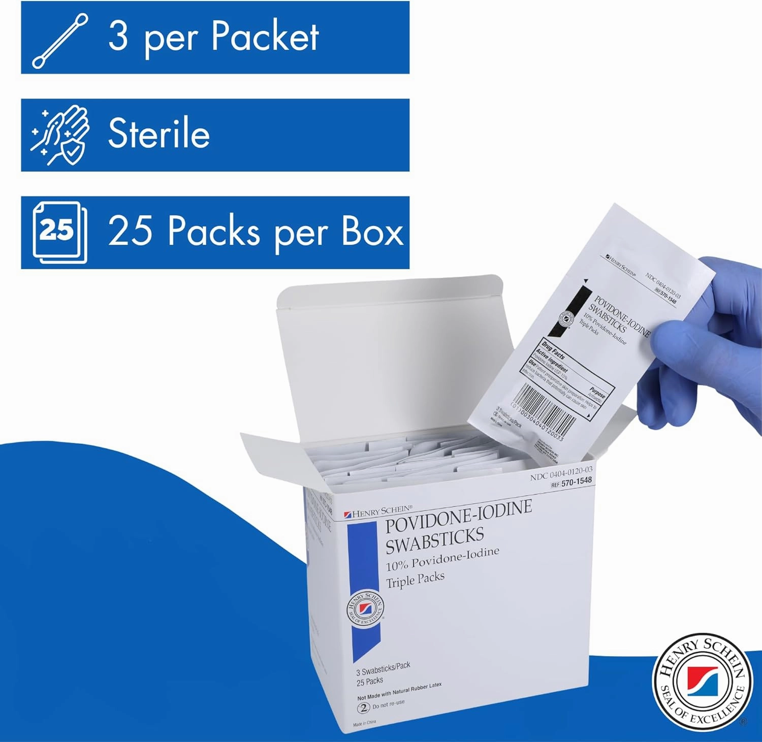 Prep Povidone-Iodine Swabsticks 3's, Individually Packed, Sterile, Antiseptic for Skin Preparation, 10% Povidone-Iodine- 25/BX