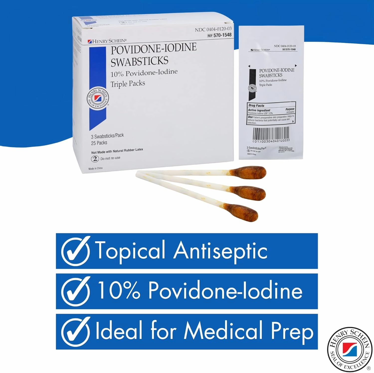 Prep Povidone-Iodine Swabsticks 3's, Individually Packed, Sterile, Antiseptic for Skin Preparation, 10% Povidone-Iodine- 25/BX