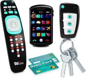 Pretend Play Playset for Toddlers Babies, Musical Toys with Light and Sound for Boys and Girls, TV Remote Control and Smart Phone Toys and Car Remote and Playing Key with Cards Toy Set