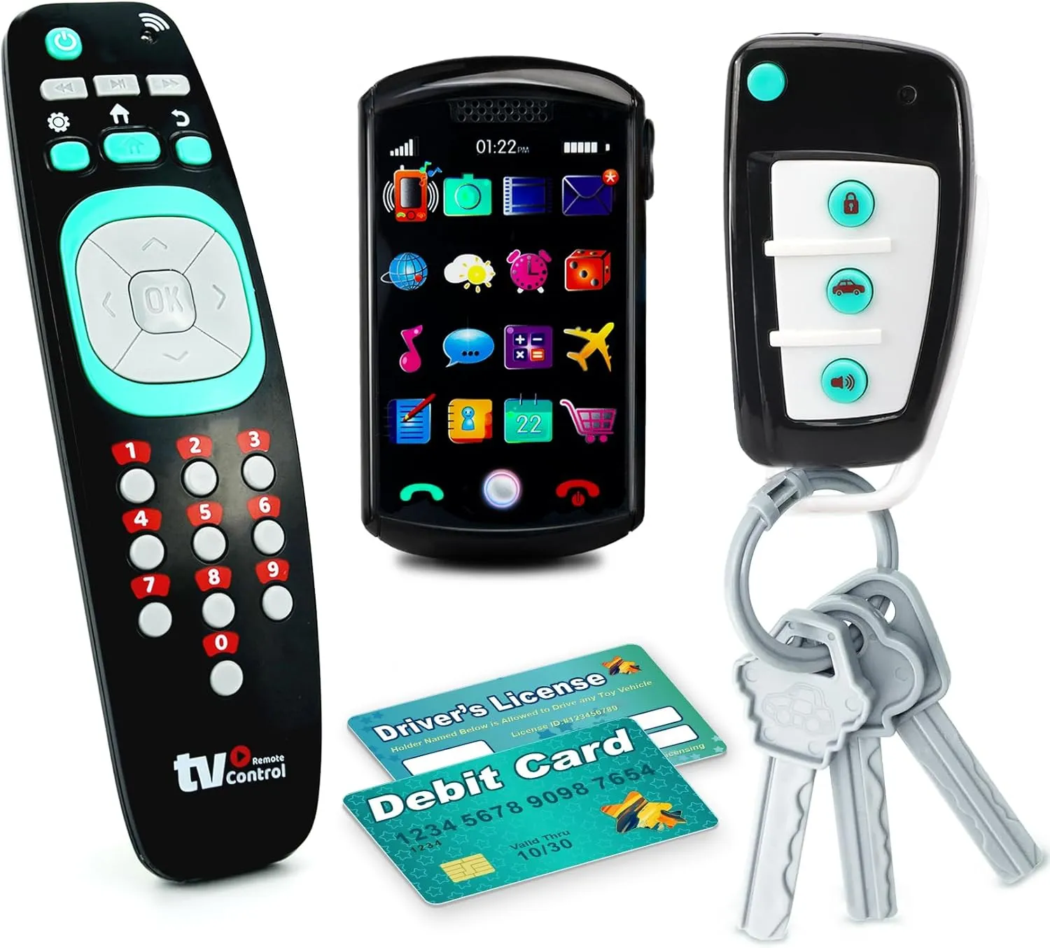 Pretend Play Playset for Toddlers Babies, Musical Toys with Light and Sound for Boys and Girls, TV Remote Control and Smart Phone Toys and Car Remote and Playing Key with Cards Toy Set