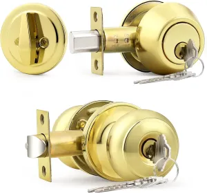 Probrico Keyed Alike Round Ball Entry Door Knob and Single Cylinder Deadbolt Set, Polished Brass, 1Pack