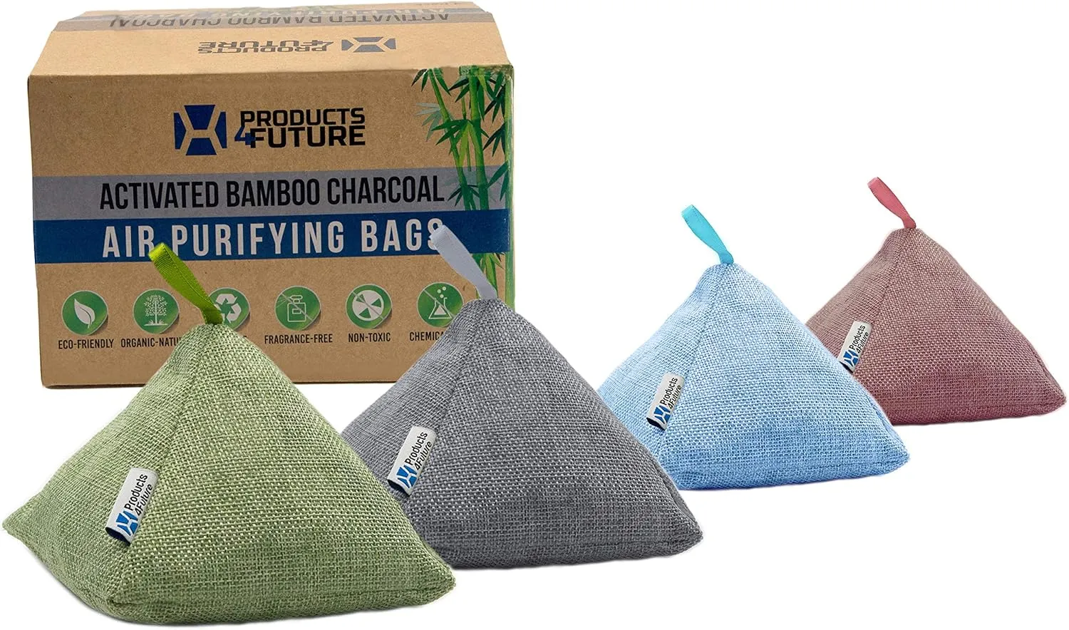 Products4Future® 4 Pack of 200g Naturally Activated Bamboo Charcoal Air Purifying Bags | Natural Home Deodorizer Bags | Charcoal Bags Odor Absorber For Pets | Odor Eliminator Air Freshener