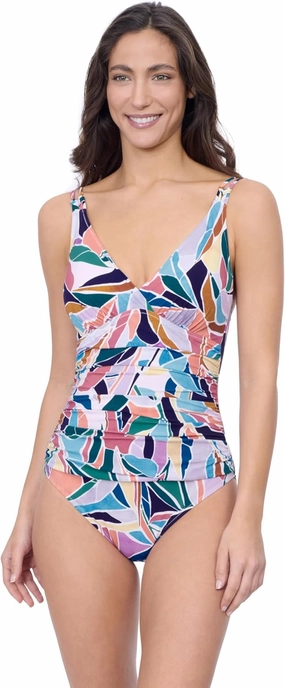Profile by Gottex Women's Aura Multi V Neck One Piece Swimsuit with D Support Soft Cups and Tummy Control Essential