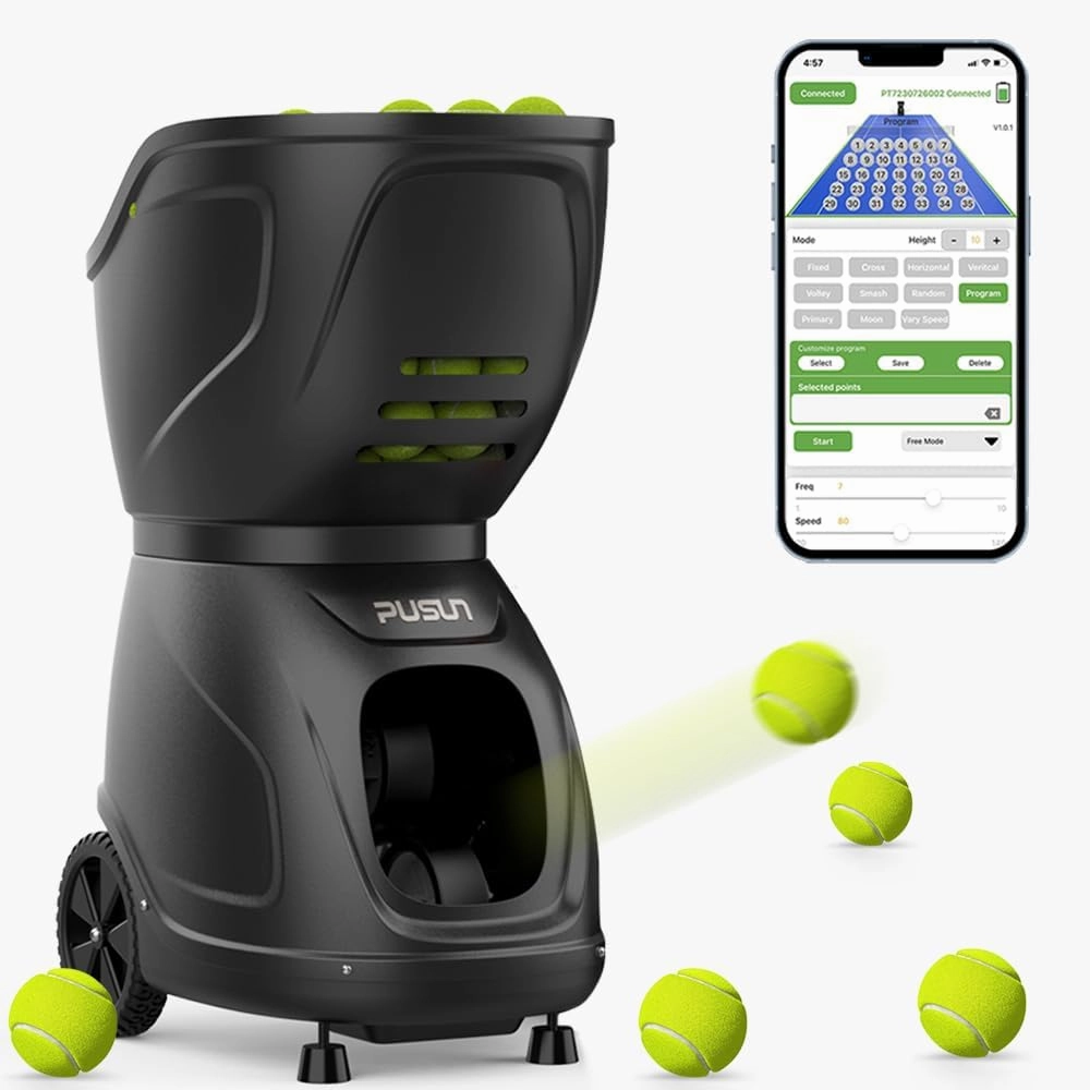 PT-9001 Tennis and Padel Ball Machine - Portable, Programmable Training Equipment with Remote Control, Adjustable Speed & Spin, High Capacity, Battery Operated, Ideal for Beginners & Pros