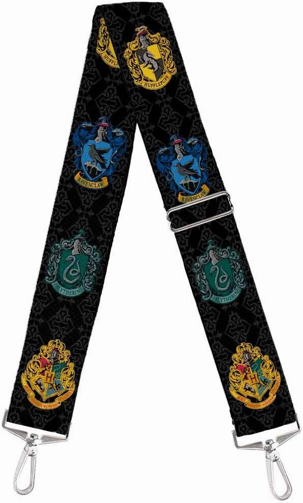 Purse Strap Hogwarts 4 House Crests Filigree Black Gray 2 Inches Wide