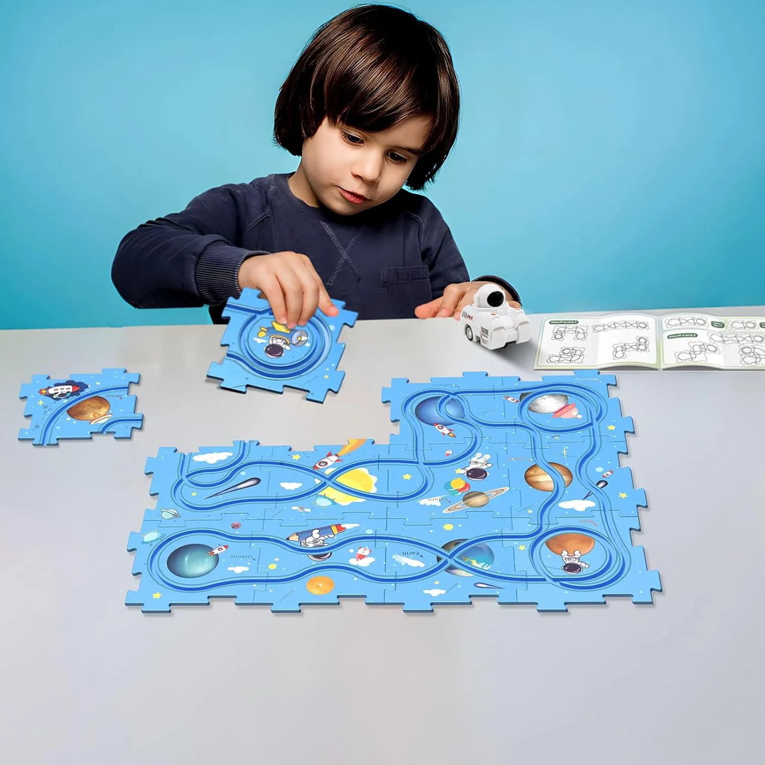 Puzzle Track Educational Play Set-Plastic Jigsaw Board & Battery Operated Toy Vehicles, Montessori Toys for Kids Ages 3-5, 2-4 Years Toddlers Puzzle Rail Car, 3 4 5 6 Year Old Boys Gift