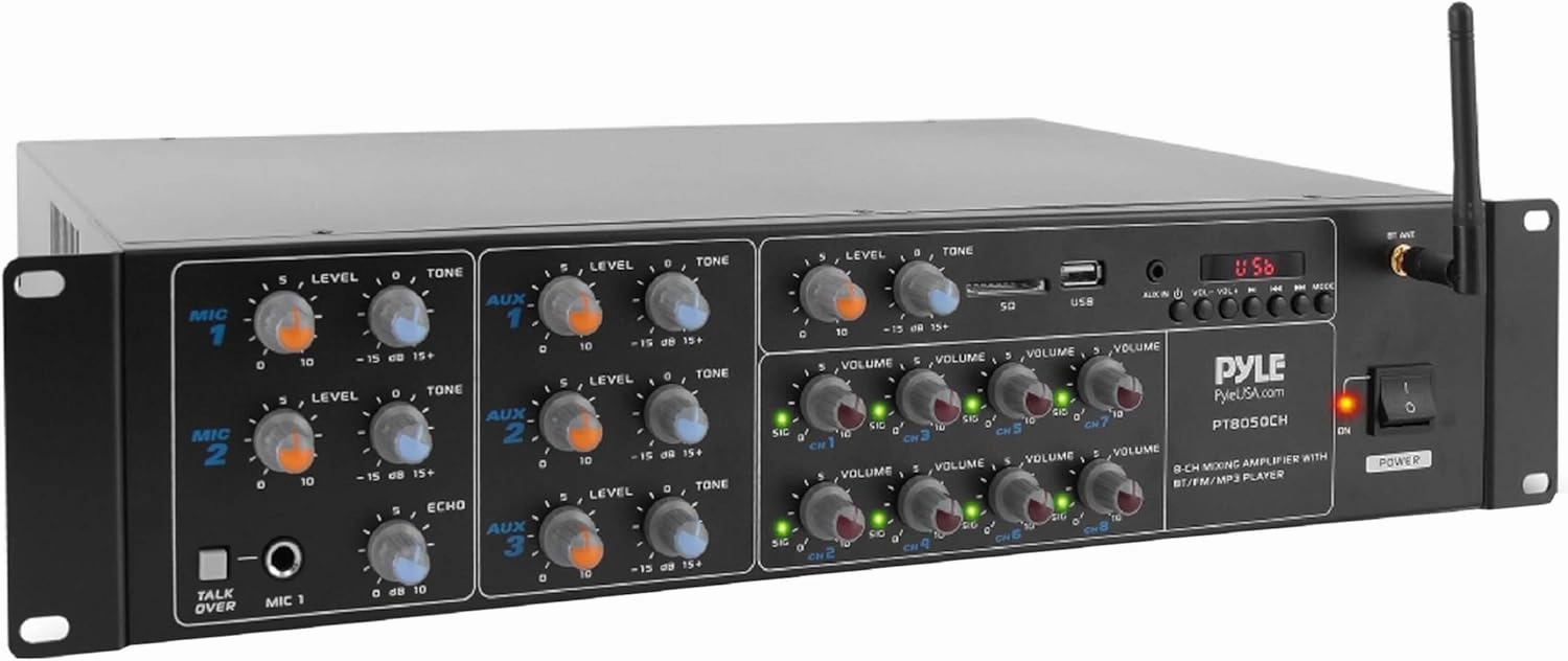 Pyle 8-Channel Wireless Bluetooth Power Amplifier - 4000W Rack Mount Multi Zone Sound Mixer Audio Home Stereo Receiver Box System w/ RCA, USB, AUX - For Speaker, PA, Theater, Studio/Stage - PT8050CH