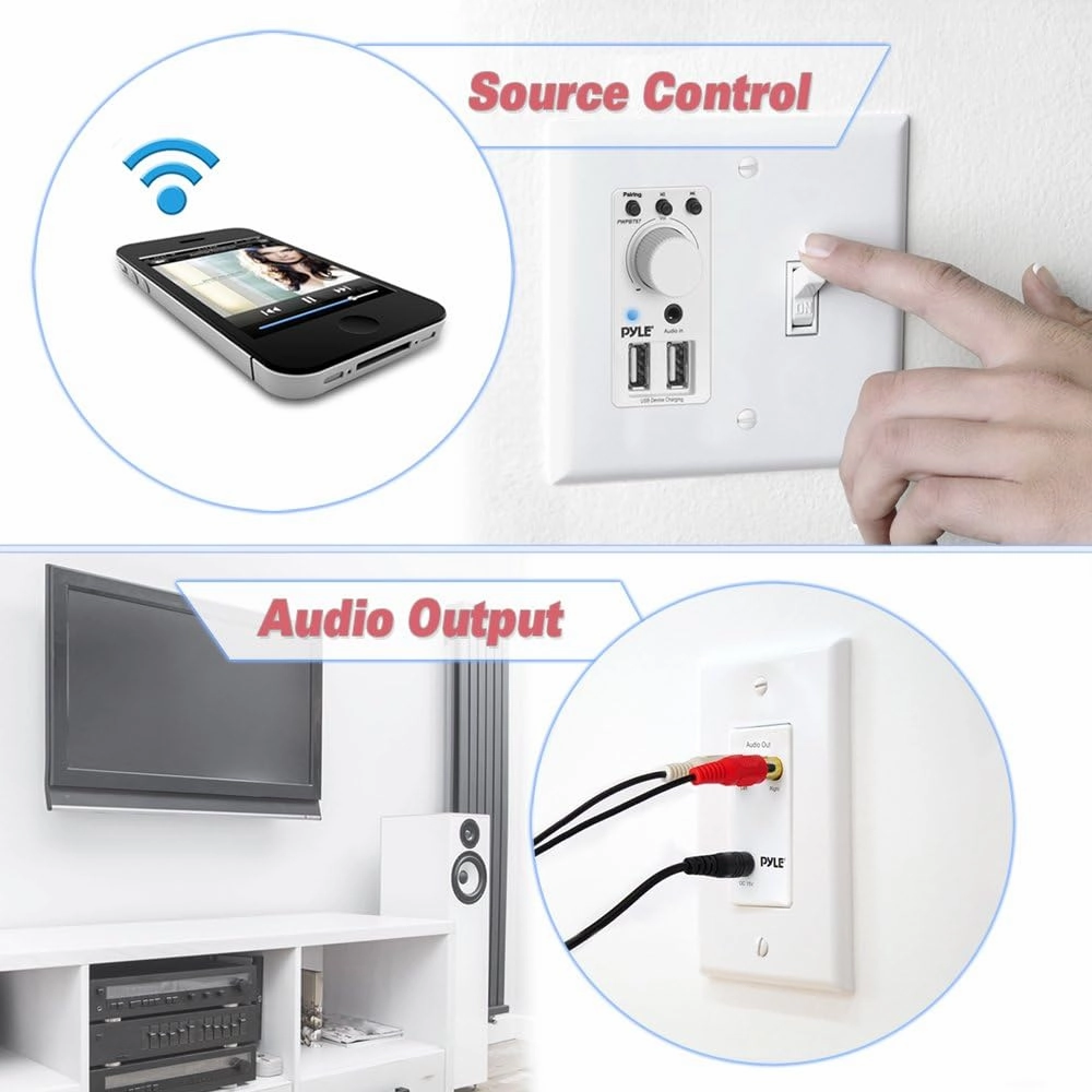 Pyle Bluetooth Receiver Wall Mount - In-Wall Audio Control Receiver w/ Dual USB Charging Port, 3.5mm AUX Input for Sound Systems - For Home Theater Entertainment - Includes DC Power Adaptor - PWPBT67