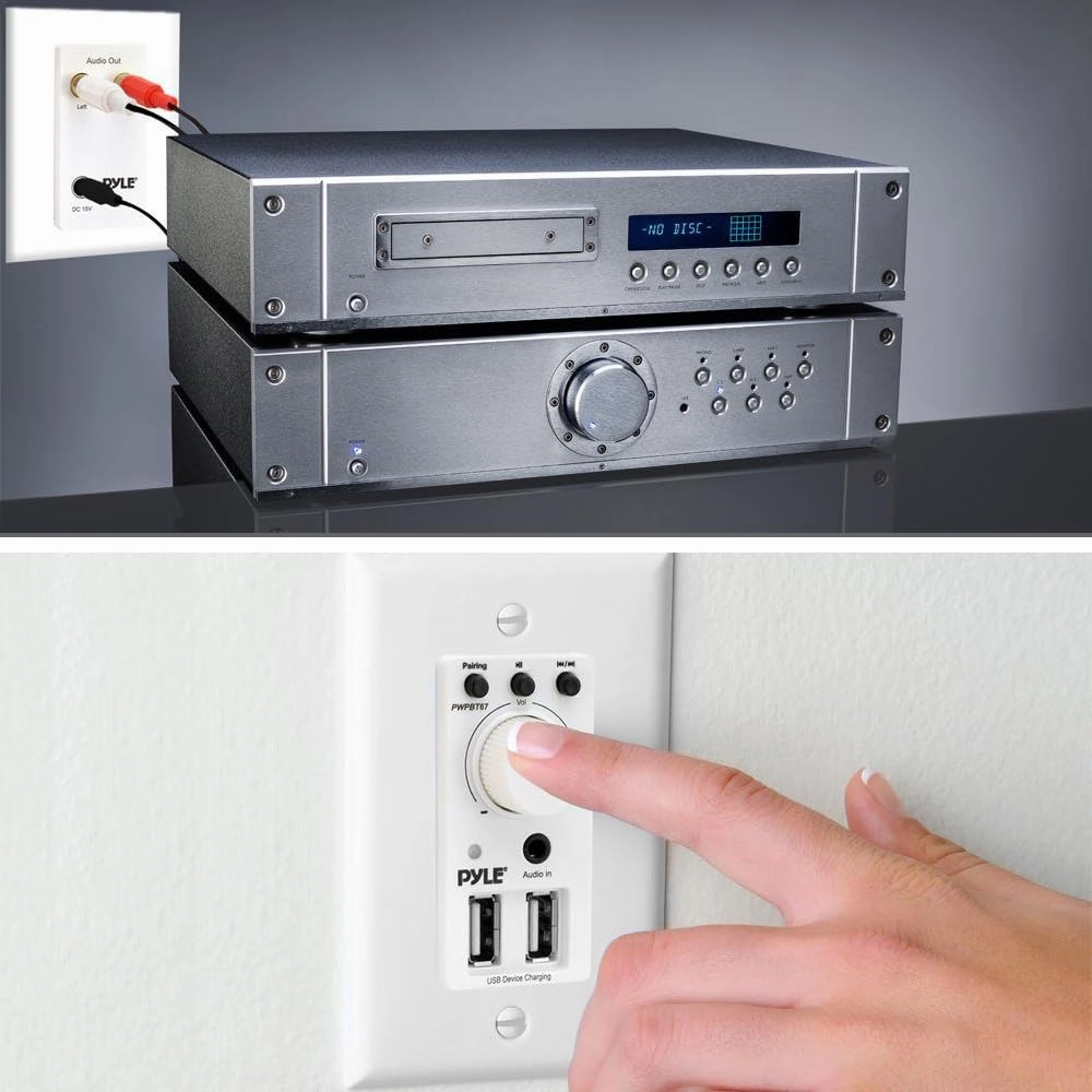 Pyle Bluetooth Receiver Wall Mount - In-Wall Audio Control Receiver w/ Dual USB Charging Port, 3.5mm AUX Input for Sound Systems - For Home Theater Entertainment - Includes DC Power Adaptor - PWPBT67