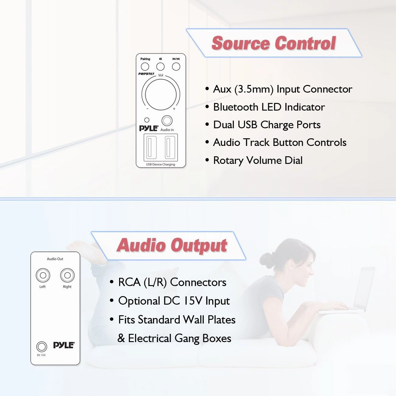 Pyle Bluetooth Receiver Wall Mount - In-Wall Audio Control Receiver w/ Dual USB Charging Port, 3.5mm AUX Input for Sound Systems - For Home Theater Entertainment - Includes DC Power Adaptor - PWPBT67