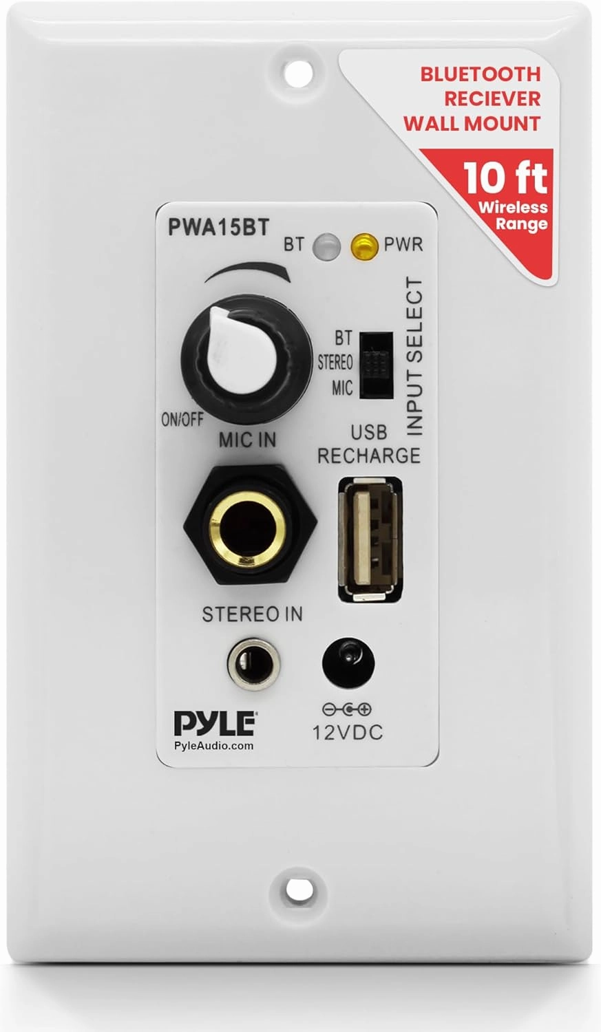 Pyle Bluetooth Receiver Wall Mount - in-Wall Audio Control with Built-in Amplifier | USB, Microphone, Aux (3.5mm) Input | Terminal Block | Connect 2 Speakers | 100 Watt - PWA15BT.5
