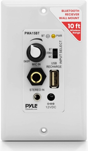 Pyle Bluetooth Receiver Wall Mount - in-Wall Audio Control with Built-in Amplifier | USB, Microphone, Aux (3.5mm) Input | Terminal Block | Connect 2 Speakers | 100 Watt - PWA15BT.5