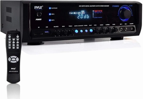 Pyle Wireless Bluetooth Power Amplifier System- 300W 4 Channel Home Theater Audio Stereo Sound Receiver Box Entertainment w/ USB, RCA, 3.5mm AUX, LED, Remote for Speaker, PA, Studio, Black - PT390BTU