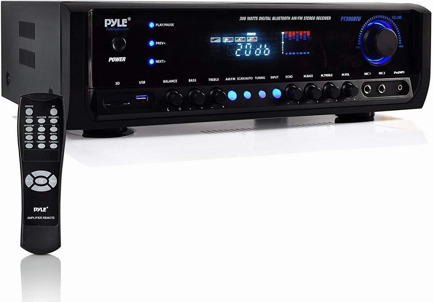 Pyle Wireless Bluetooth Power Amplifier System- 300W 4 Channel Home Theater Audio Stereo Sound Receiver Box Entertainment w/ USB, RCA, 3.5mm AUX, LED, Remote for Speaker, PA, Studio, Black - PT390BTU
