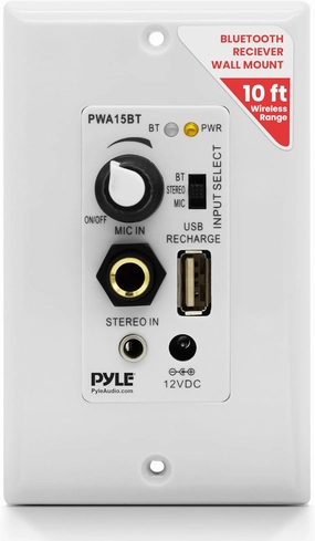 Pyle Wireless BT Receiver Wall Mount - 100W In-Wall Audio Control Receiver w/ Built-in Amplifier, USB/Microphone/Aux (3.5mm) Inputs, Speaker Terminal Block, Connect 2 Speakers, White - PWA15BT