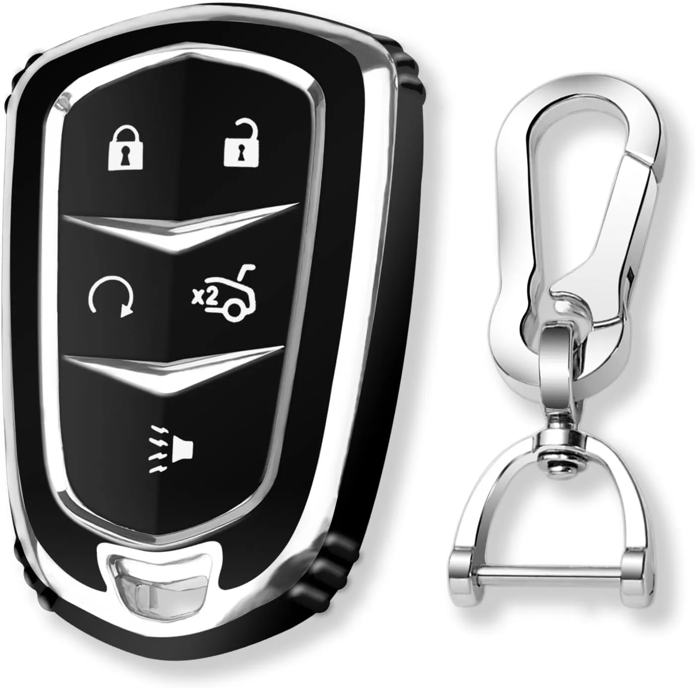 QBUC for Cadillac Key Fob Cover with Keychain Chrome Silver Trim Soft TPU Protection Case Compatible with 2015-2019 Cadillac Escalade ATS CTS CT6 XTS XT5 SRX 5-Buttons（Black）