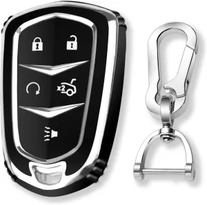 QBUC for Cadillac Key Fob Cover with Keychain Chrome Silver Trim Soft TPU Protection Case Compatible with 2015-2019 Cadillac Escalade ATS CTS CT6 XTS XT5 SRX 5-Buttons（Black）