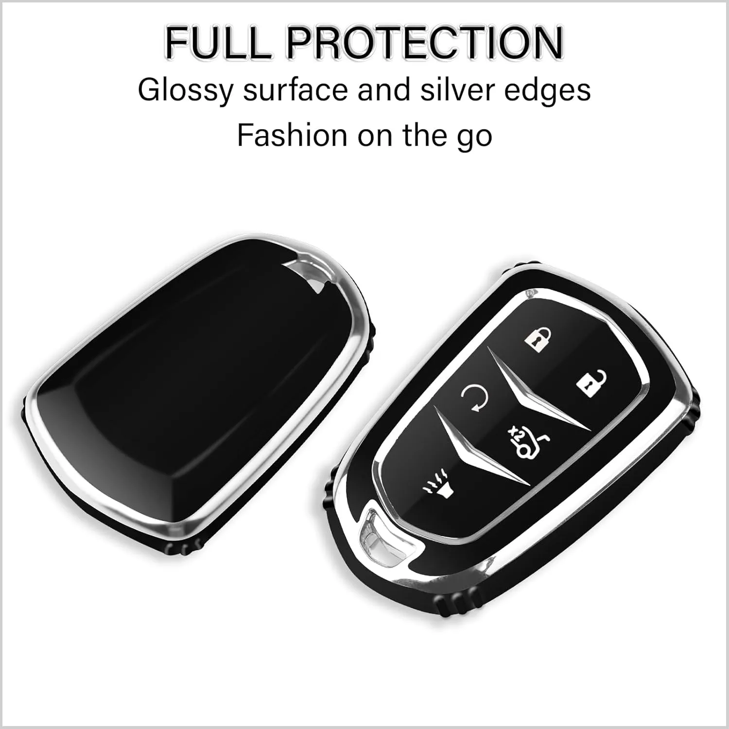 QBUC for Cadillac Key Fob Cover with Keychain Chrome Silver Trim Soft TPU Protection Case Compatible with 2015-2019 Cadillac Escalade ATS CTS CT6 XTS XT5 SRX 5-Buttons（Black）