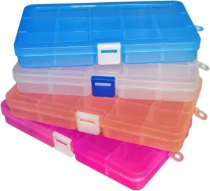 Qualsen 4 Pack Plastic Compartment Box with Adjustable Dividers Craft Tackle Organizer Storage Containers Box 15 Grid (4 Colors)