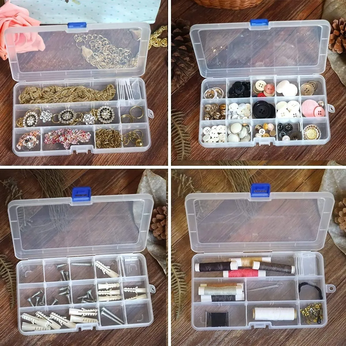 Qualsen 4 Pack Plastic Compartment Box with Adjustable Dividers Craft Tackle Organizer Storage Containers Box 15 Grid (4 Colors)