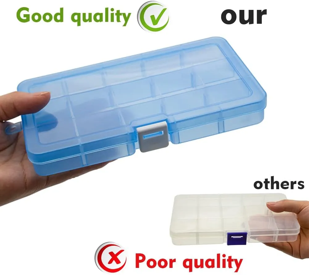 Qualsen 4 Pack Plastic Compartment Box with Adjustable Dividers Craft Tackle Organizer Storage Containers Box 15 Grid (4 Colors)