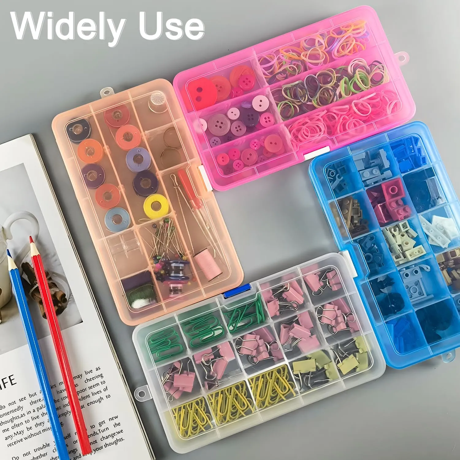 Qualsen 4 Pack Plastic Compartment Box with Adjustable Dividers Craft Tackle Organizer Storage Containers Box 15 Grid (4 Colors)