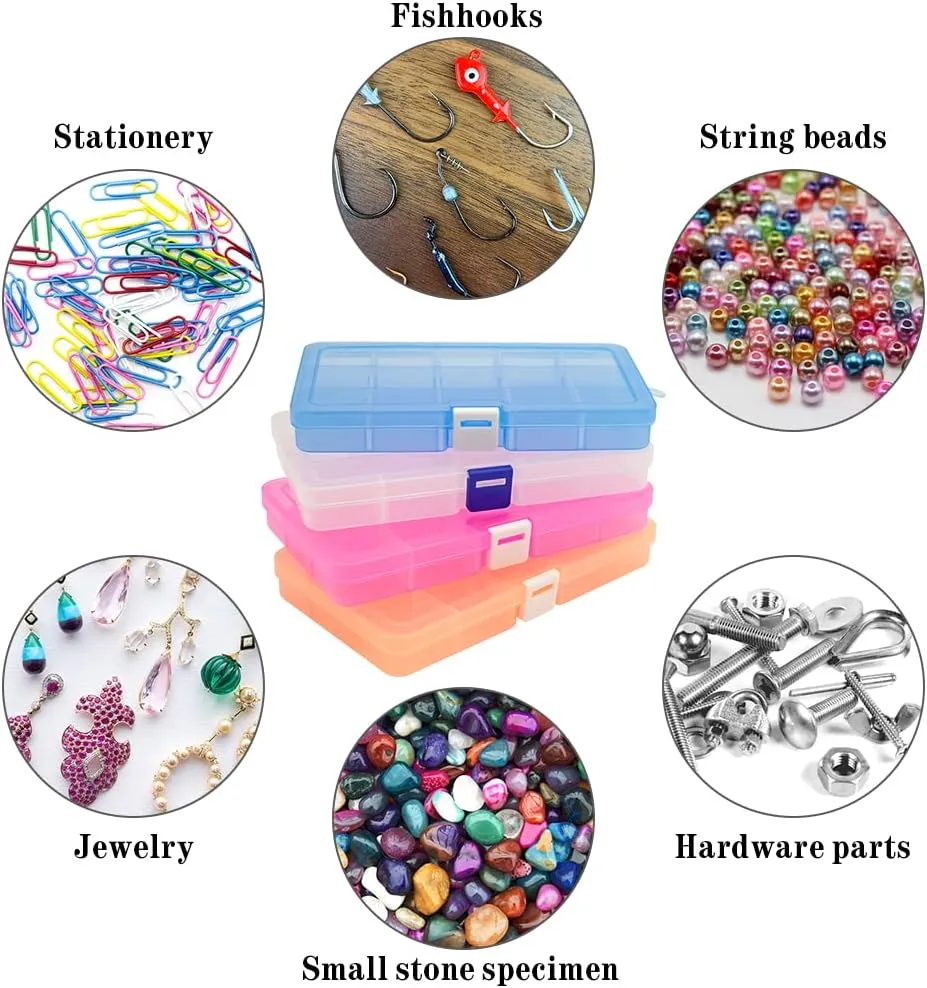 Qualsen 4 Pack Plastic Compartment Box with Adjustable Dividers Craft Tackle Organizer Storage Containers Box 15 Grid (4 Colors)