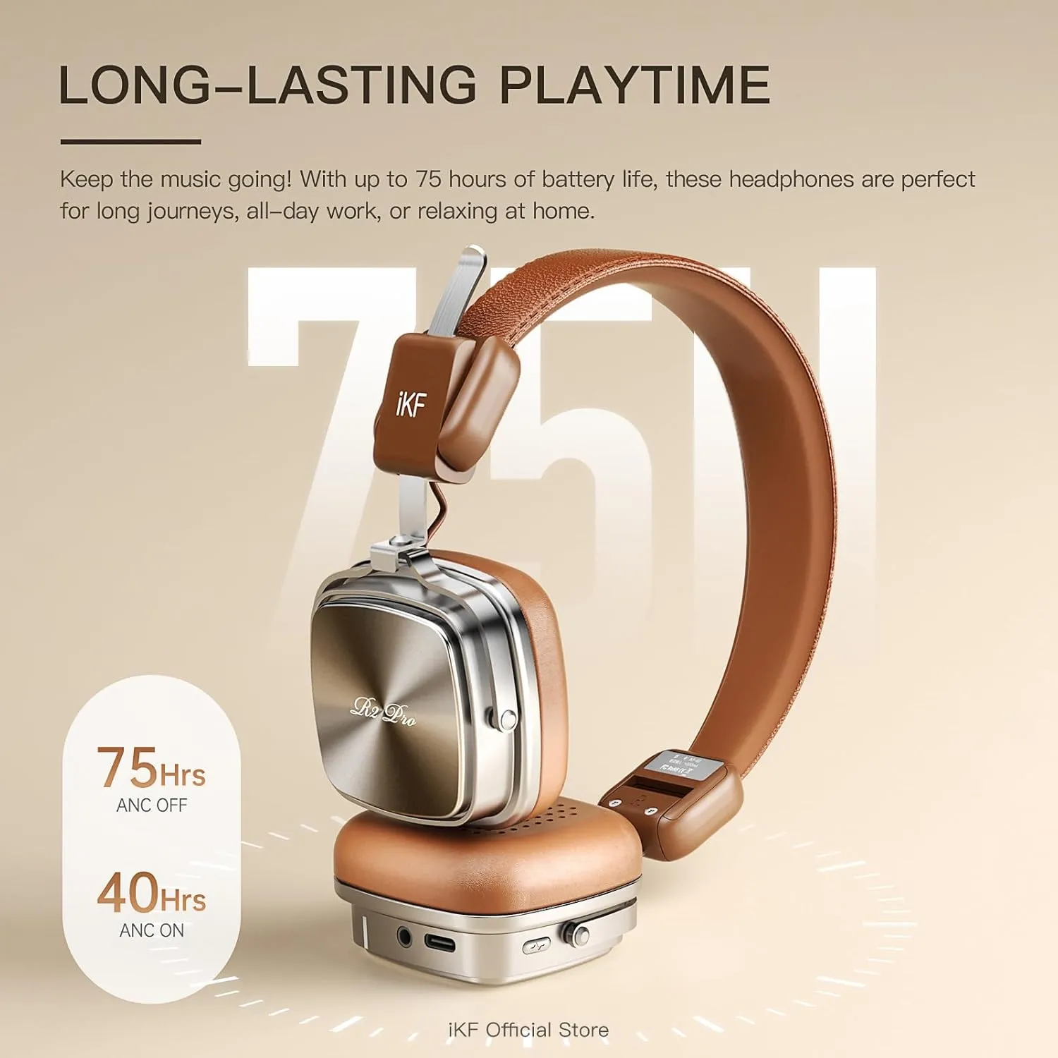 R2 Pro Retro Metal Leather Wireless Headphones with ANC -45dB, 40mm HiFi Drivers, 75H Playback, Bluetooth 5.4 & AUX, Customizable Lighting, ENC 5-Mic Clear Calls, Low Latency,App Control, Black