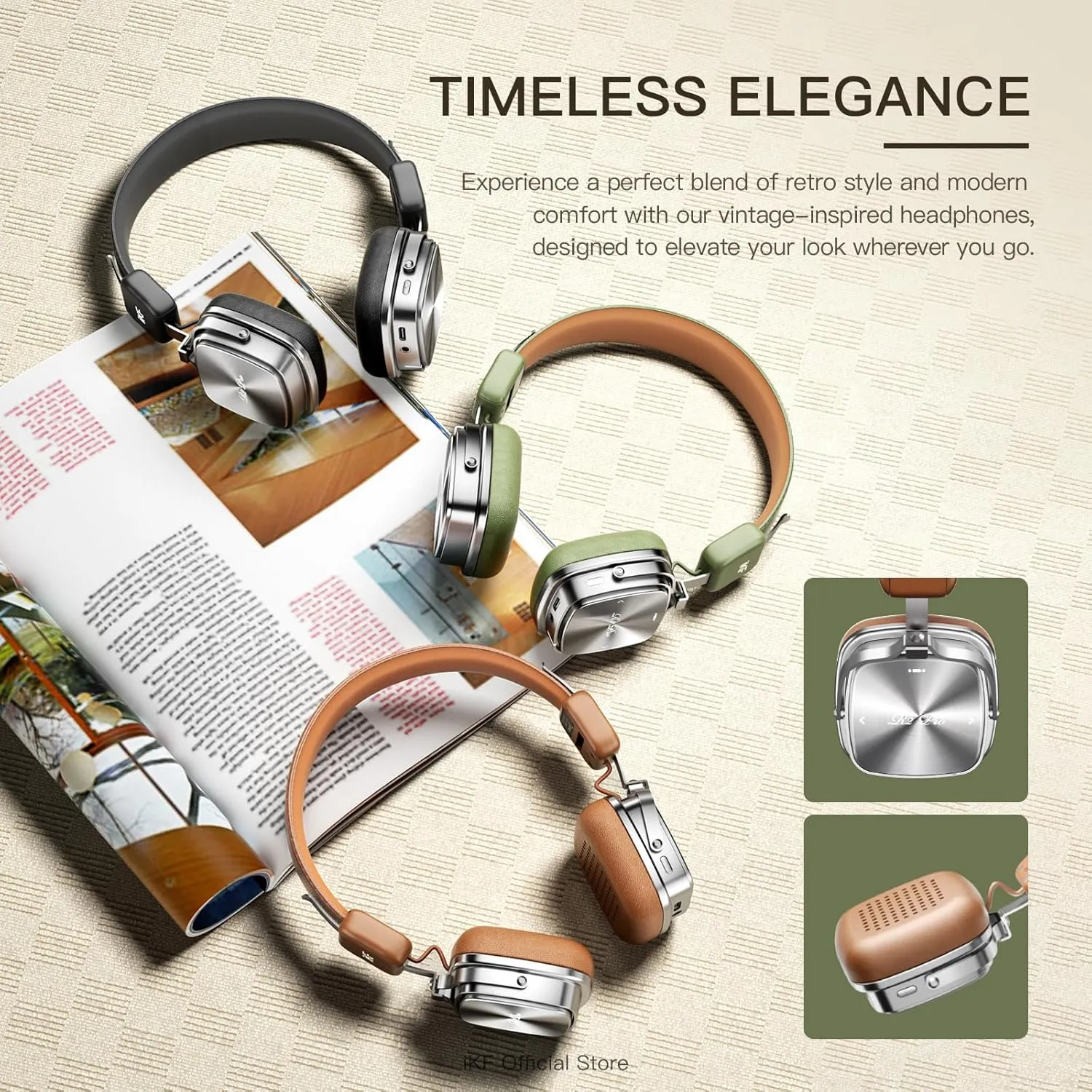 R2 Pro Retro Metal Leather Wireless Headphones with ANC -45dB, 40mm HiFi Drivers, 75H Playback, Bluetooth 5.4 & AUX, Customizable Lighting, ENC 5-Mic Clear Calls, Low Latency,App Control, Black