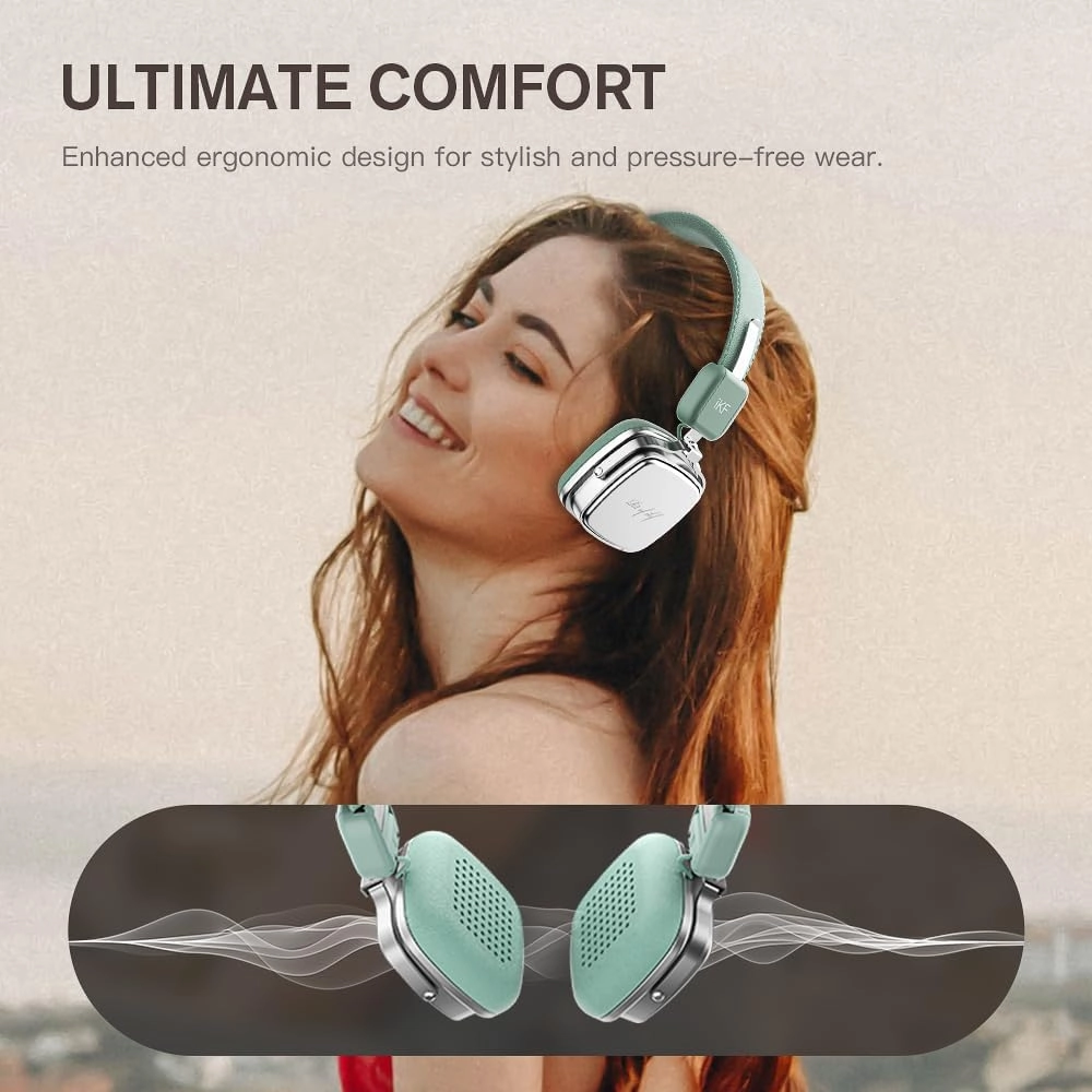 R2 Retro Classic Metal and Leather Grain Headphones, On Ear,Ergonomic Design,40mm Drivers, ENC Noise Cancelling, Bluetooth V5.4 & Wired Dual Mode, 60H Playtime,Throwback 80s 90s (Green)