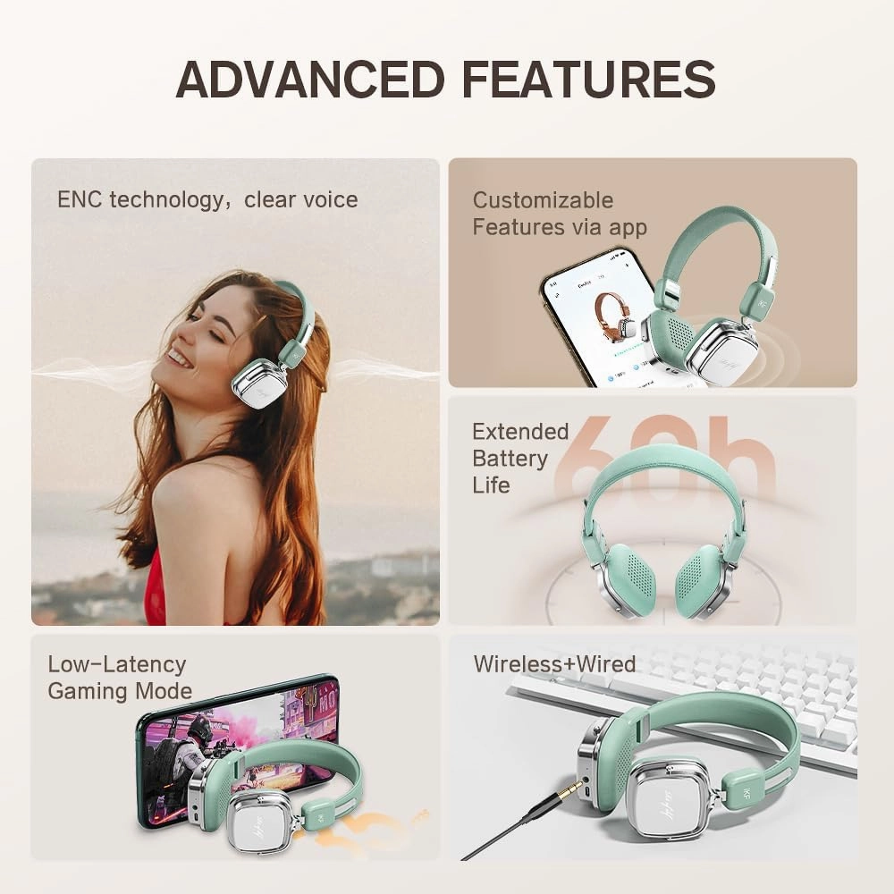 R2 Retro Classic Metal and Leather Grain Headphones, On Ear,Ergonomic Design,40mm Drivers, ENC Noise Cancelling, Bluetooth V5.4 & Wired Dual Mode, 60H Playtime,Throwback 80s 90s (Green)
