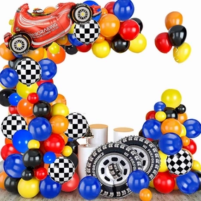 Race Car Balloons Arch Kit 135-Piece Cars Birthday Decorations, Including 43-Inch Race Car Balloons and 26-Inch Large Tire Racing Themed Birthday Party Decorations