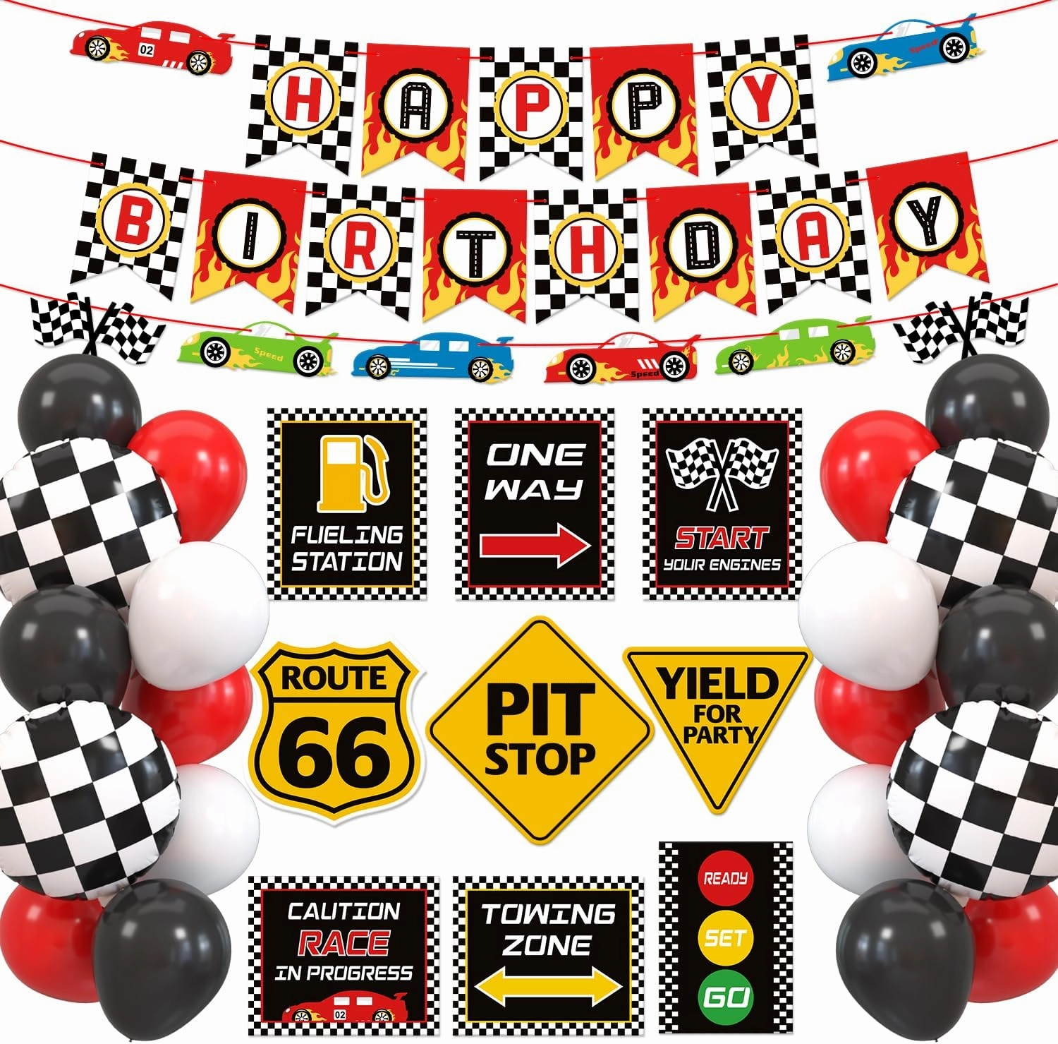 Race Car Birthday Party Decoration Set Race Car Party Signs Racing Birthday Banner Checkered Flags Balloons for Boys Let's go Racing Party Supplies