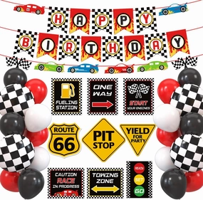 Race Car Birthday Party Decoration Set Race Car Party Signs Racing Birthday Banner Checkered Flags Balloons for Boys Let's go Racing Party Supplies
