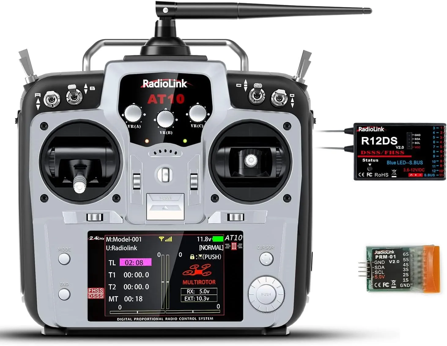 Radiolink AT10II 12 Channels 2.4G RC Transmitter and Receiver R12DS & PRM-01 Voltage Telemetry Radio Controller for RC Airplane FPV Racing Drone Quad Helicopter Car and Boat (Grey Mode 2 Left Hand)