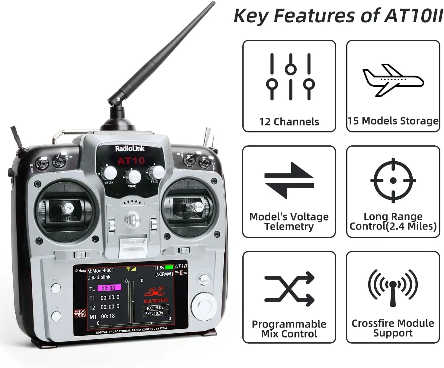 Radiolink AT10II 12 Channels 2.4G RC Transmitter and Receiver R12DS & PRM-01 Voltage Telemetry Radio Controller for RC Airplane FPV Racing Drone Quad Helicopter Car and Boat (Grey Mode 2 Left Hand)
