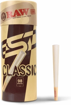 RAW Cones Classic 98 Special - 50 Pack - Slow Burning Pre Rolled Cones with Tips & Packing Tubes Included - Rolling Papers