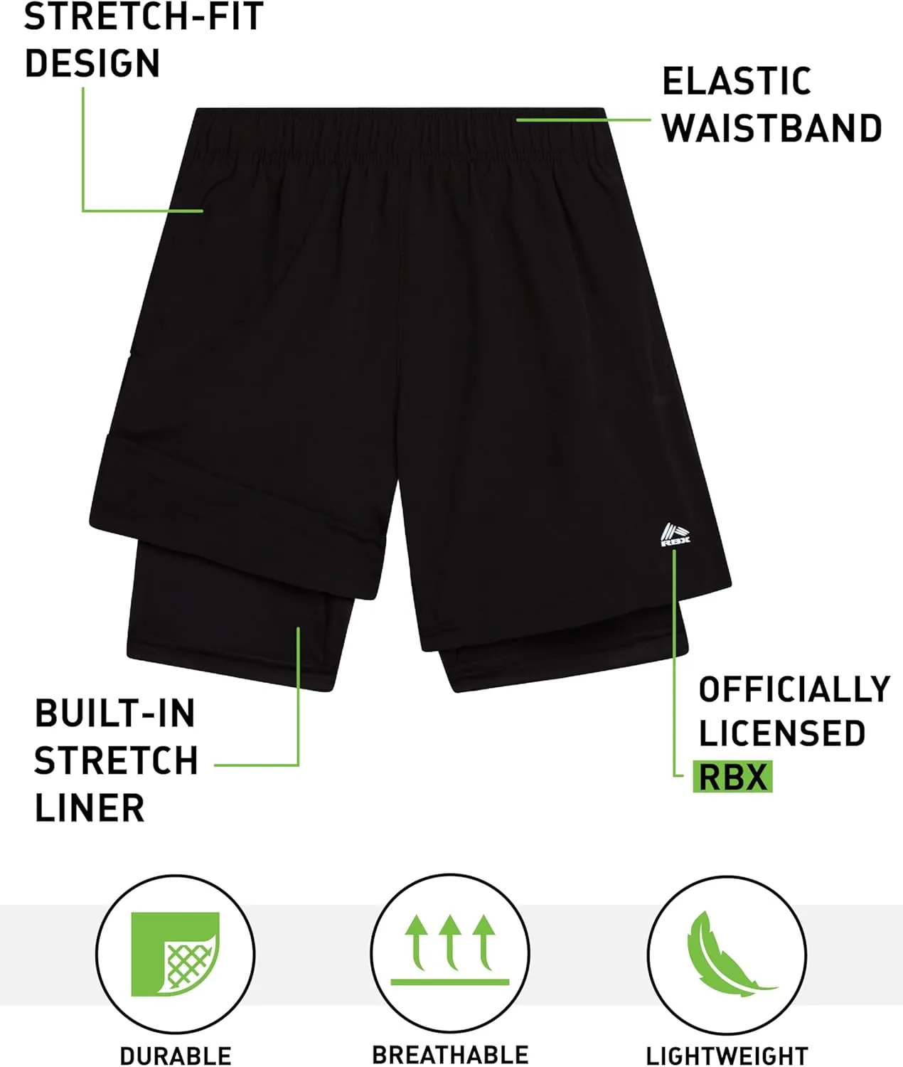 RBX Boys Athletic Shorts - 2 Pack Active Performance Base Layer Basketball Shorts for Sports, Gym and Workout (Sizes: 8-16)