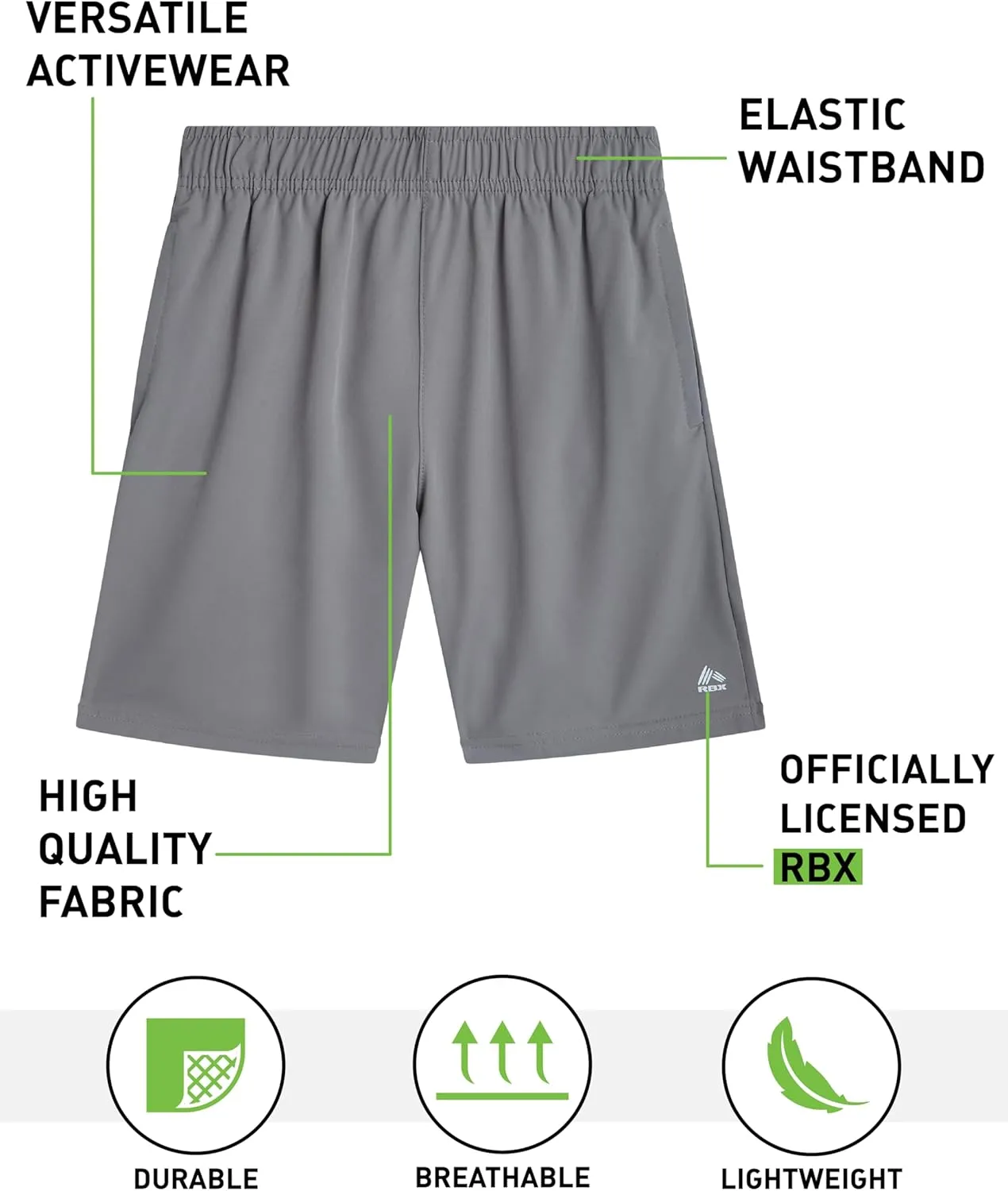 RBX Boys' Athletic Shorts - 2 Pack Active Performance Woven Shorts for Kids - Basketball Activewear Shorts for Boys (8-16)