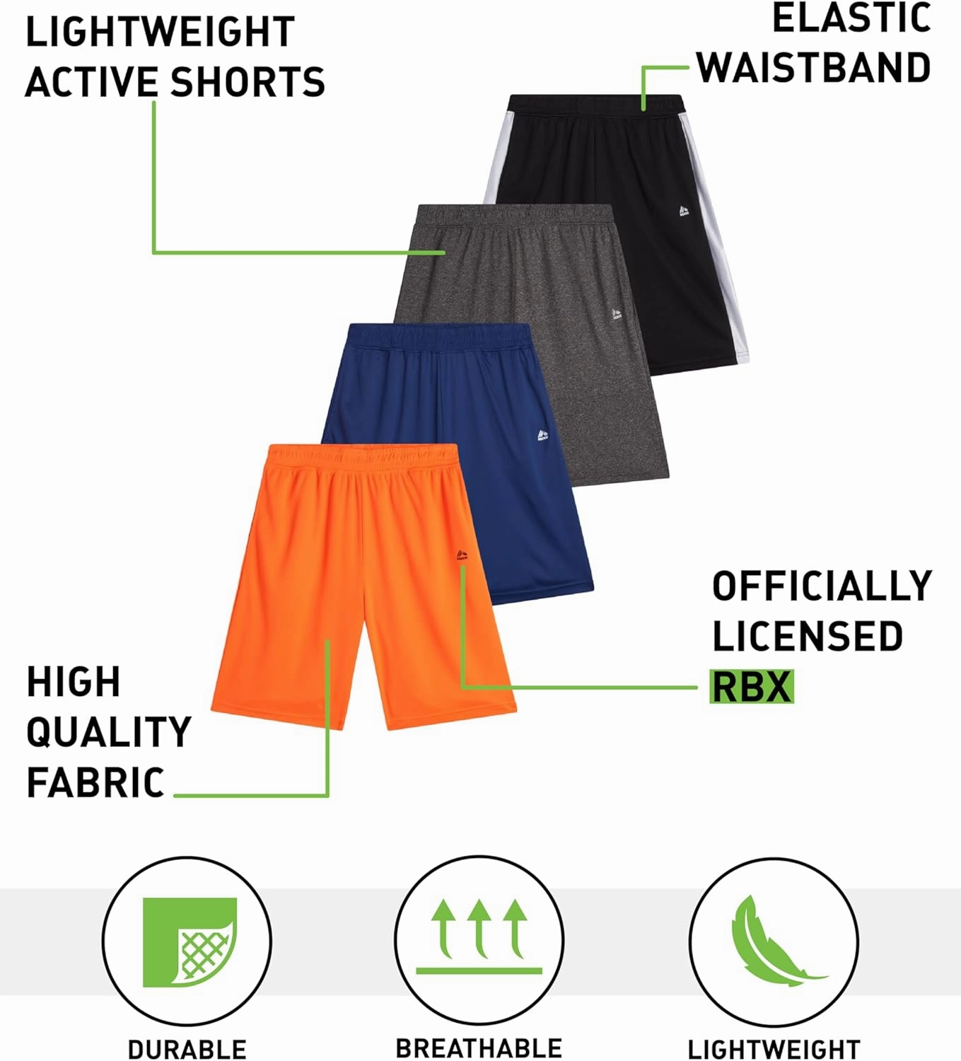 RBX Boys Athletic Shorts - 4 Pack Performance Fleece Mesh Boys Shorts for Running, Gym, Basketball and Sports (Sizes: 8-16)