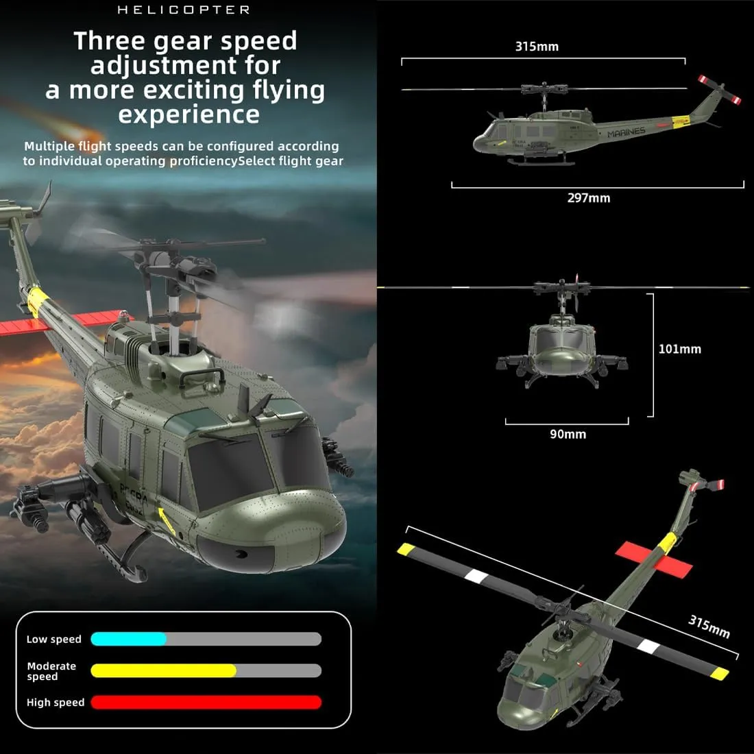 RC ERA C032 UH-1 Huey 1/48 Scale RC Helicopter for Adults, 6CH 2.4G Gyro Stabilized Aircraft with Fly Upside Down 3D Rolling & Altitude Brushless Motor -RTF/3 Battery