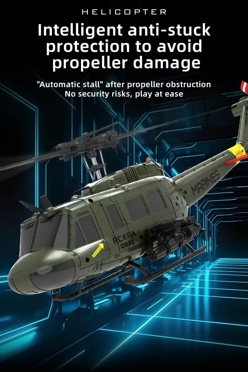 RC ERA C032 UH-1 Huey RC Helicopter Toys for Adults, 1/48 Scale 2.4G 6CH Stabilized Aircraft 6-Axis Gyro Brushless Flybarless Helicopter for Adults Beginner - Yellow & Blue/3 Battery